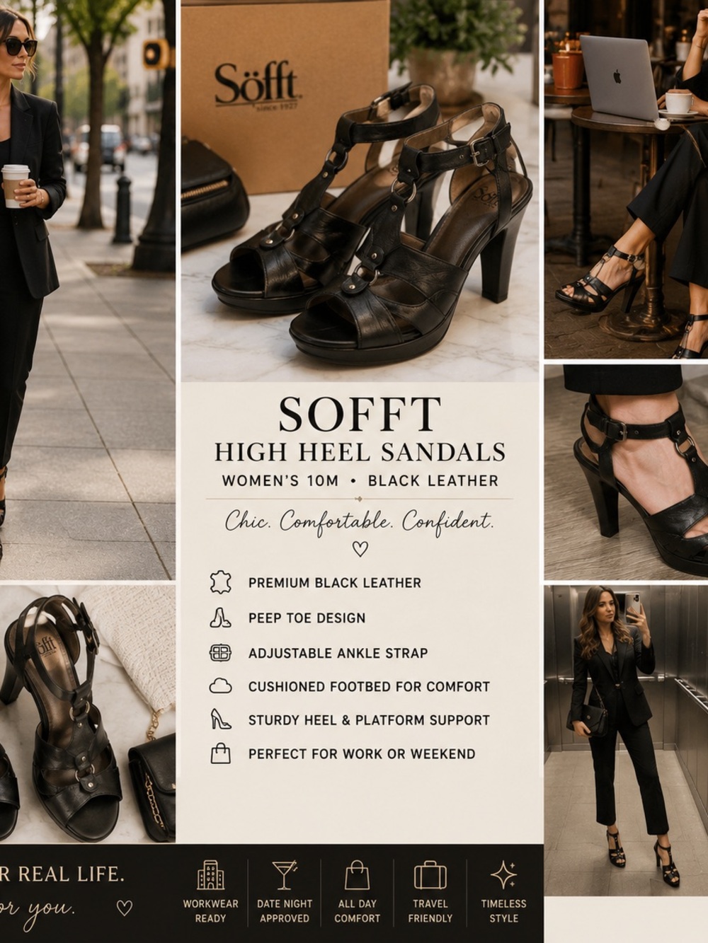 Sofft Shoes 10M Black Leather Strappy Heel Peep Toe Ankle Strap Career Chic Date